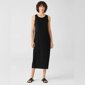 Eileen Fisher Size Petite S Black Stretch Jersey Scoop Neck Midi‎ Dress